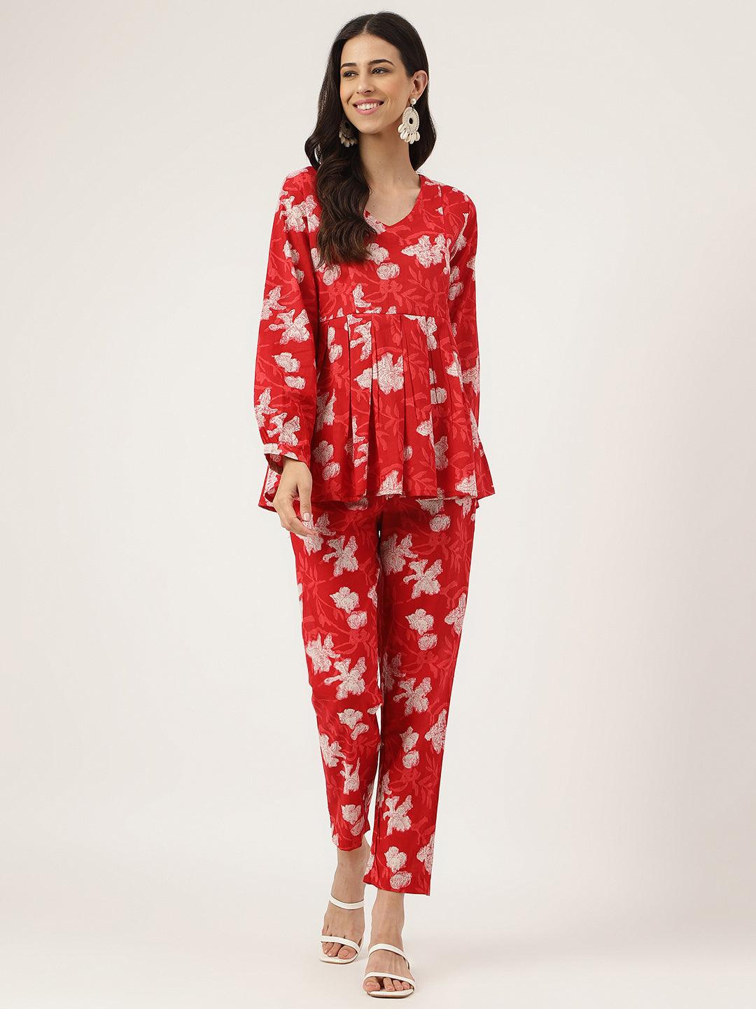 Jamal Jamaloo Red Cotton Peplum Top Pant Co-ords Sets - Jamal Jamaloo