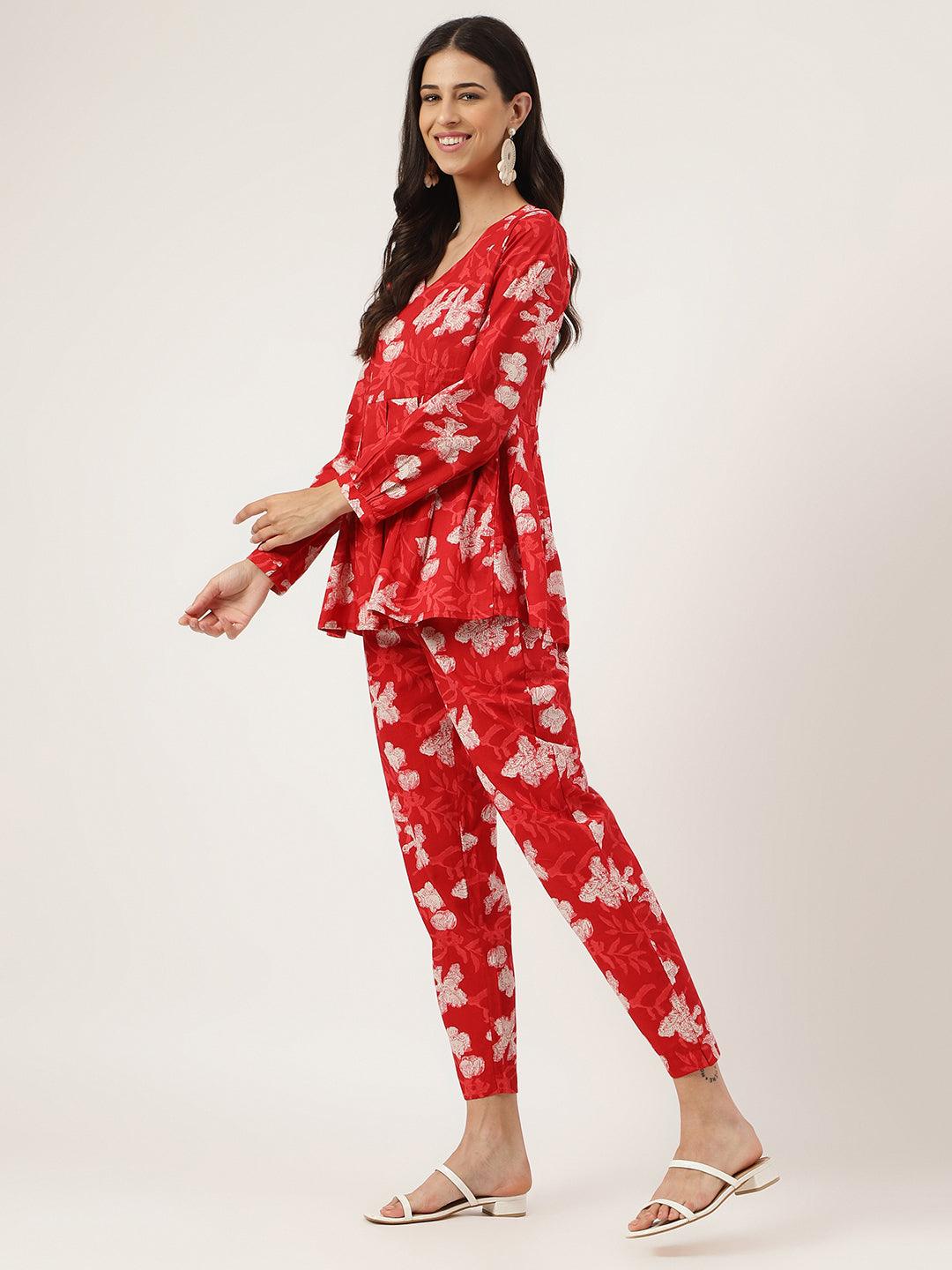 Jamal Jamaloo Red Cotton Peplum Top Pant Co-ords Sets - Jamal Jamaloo