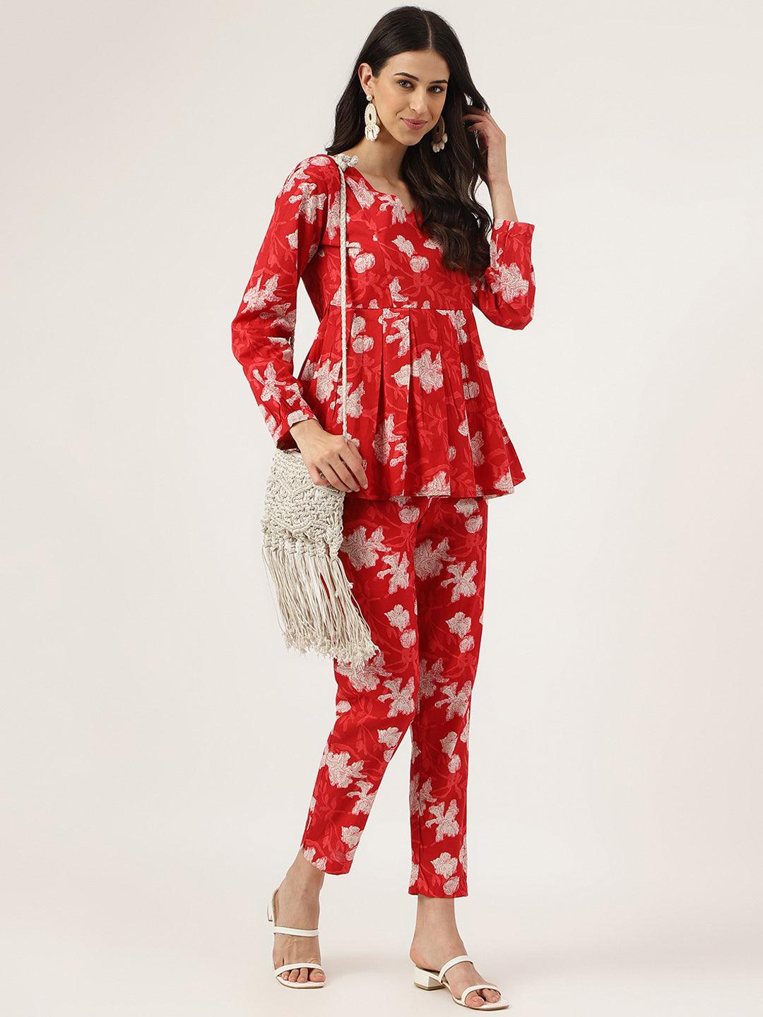 Jamal Jamaloo Red Cotton Peplum Top Pant Co-ords Sets - Jamal Jamaloo