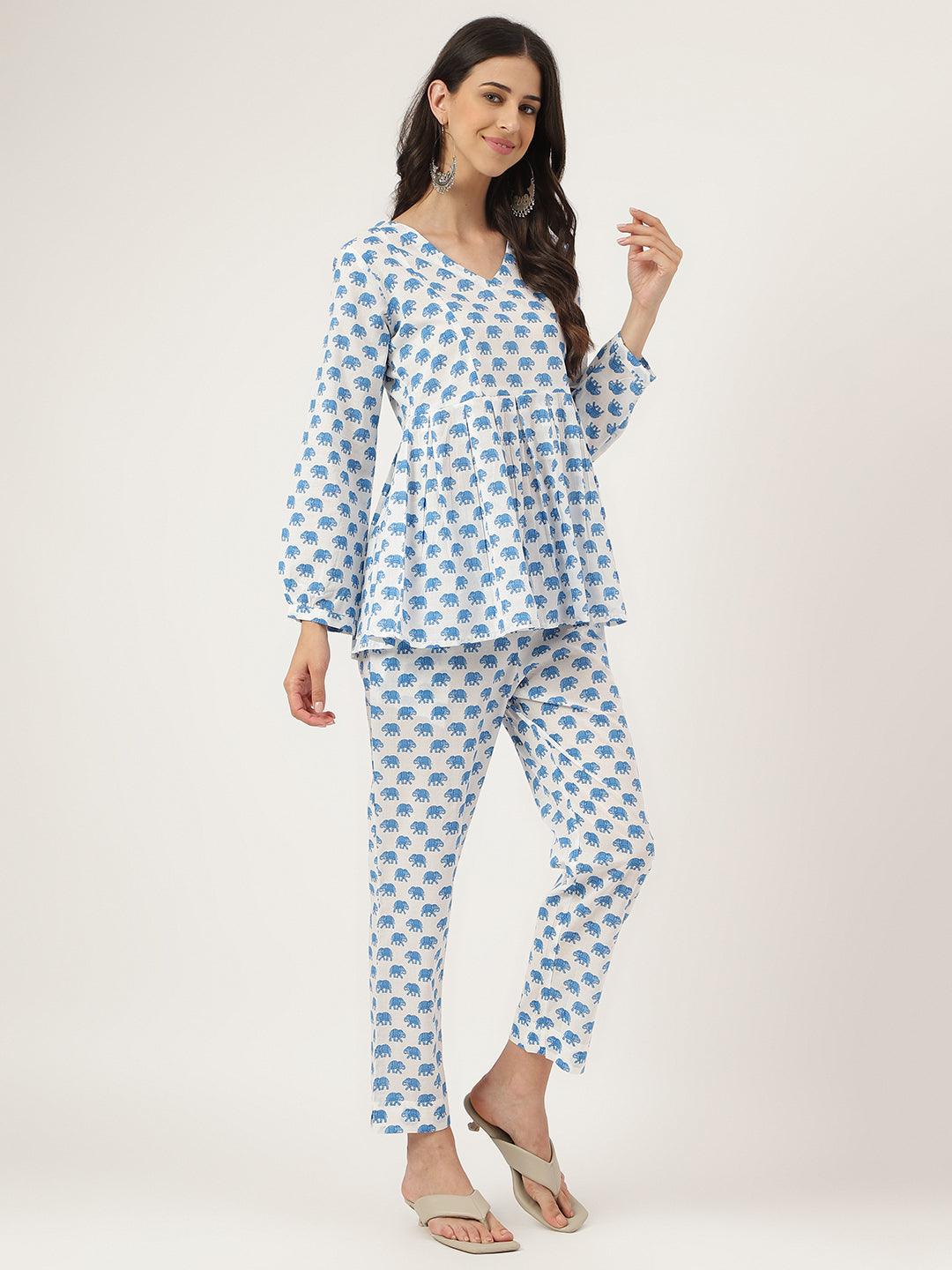 Jamal Jamaloo White Animal Printed Cotton Peplum Top Pant Co-ords Sets - Jamal Jamaloo