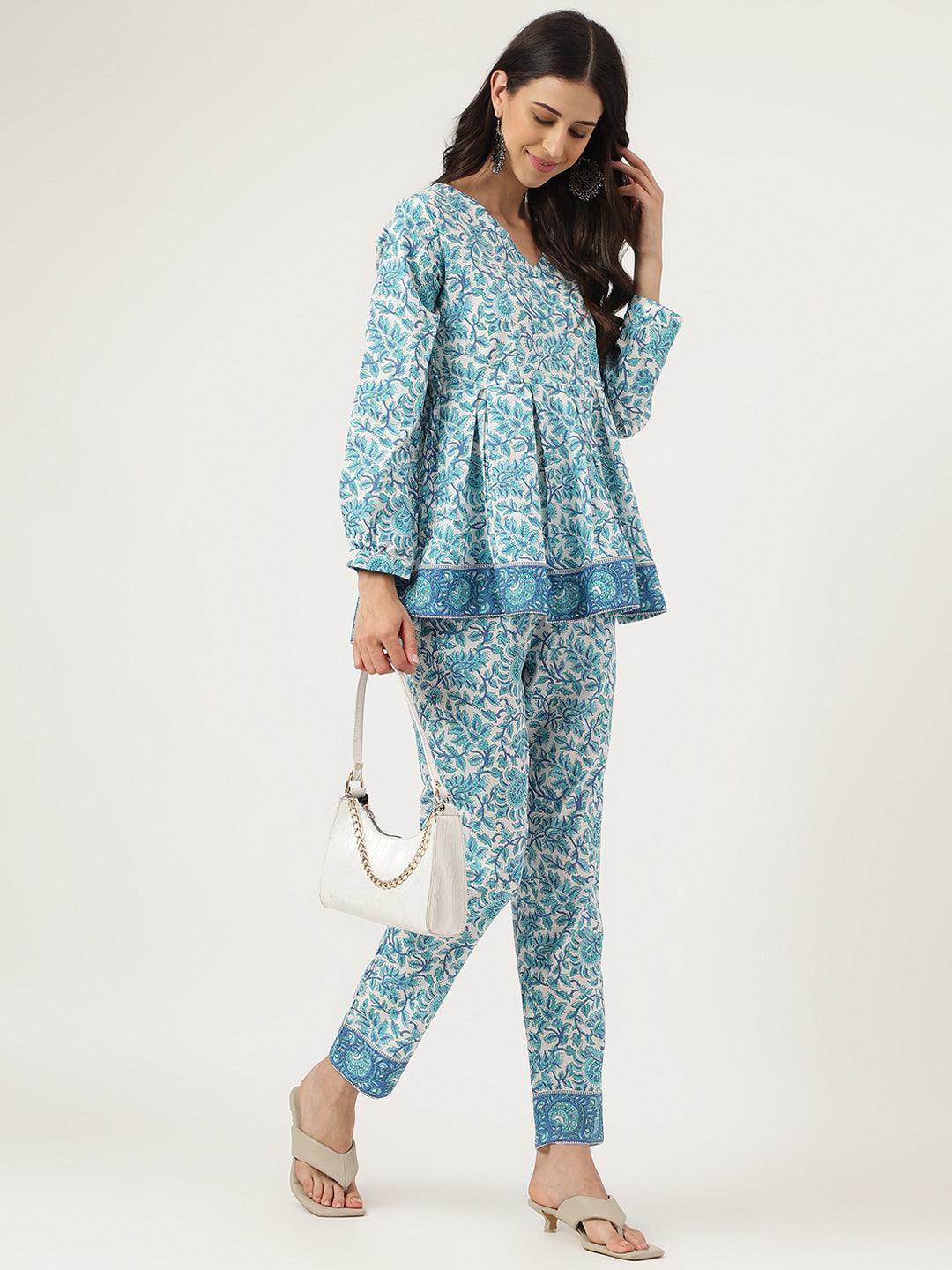 Jamal Jamaloo White Floral Printed Cotton Peplum Top Pant Co-ords Sets - Jamal Jamaloo