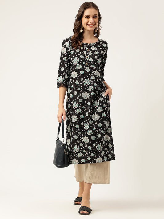Black Floral Print Straight Fit Cotton kurta