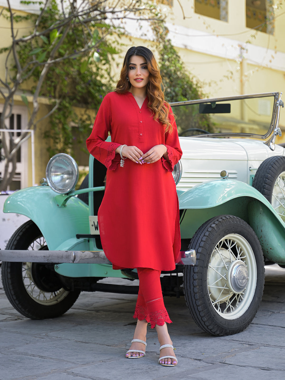 Red Solid Print Cotton Fabric  Shirt Kurta with Trouser