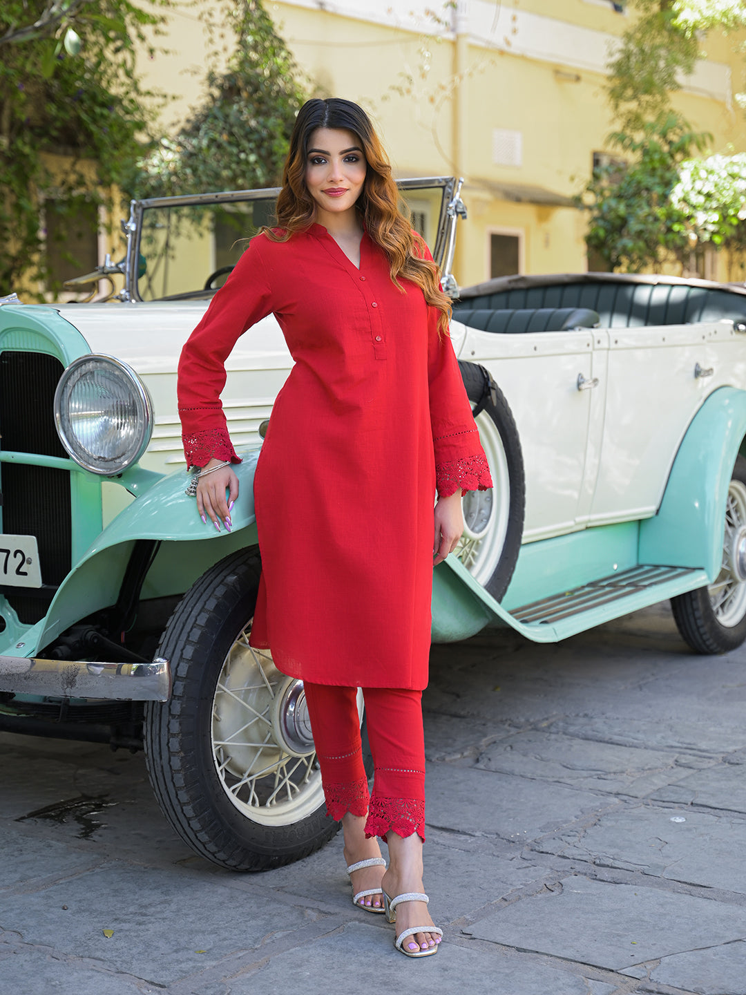 Red Solid Print Cotton Fabric  Shirt Kurta with Trouser