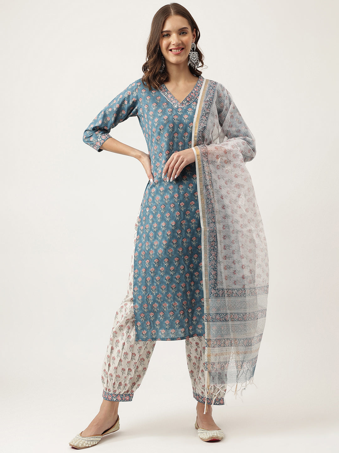 Blue Floral Printed Cotton Embroidered kurta, Trouser with Dupatta