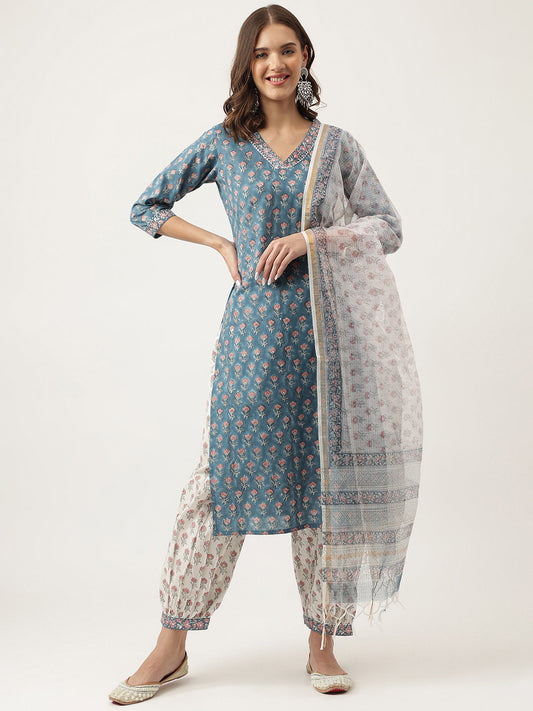 Blue Floral Printed Cotton Embroidered kurta, Trouser with Dupatta