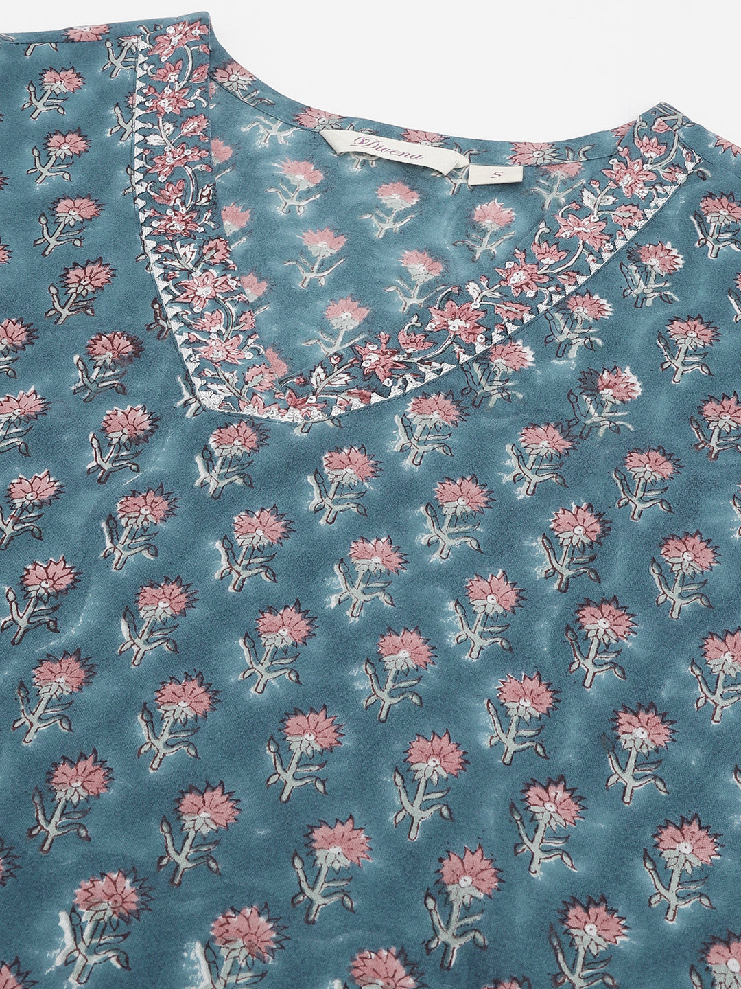 Blue Floral Printed Cotton Embroidered kurta, Trouser with Dupatta