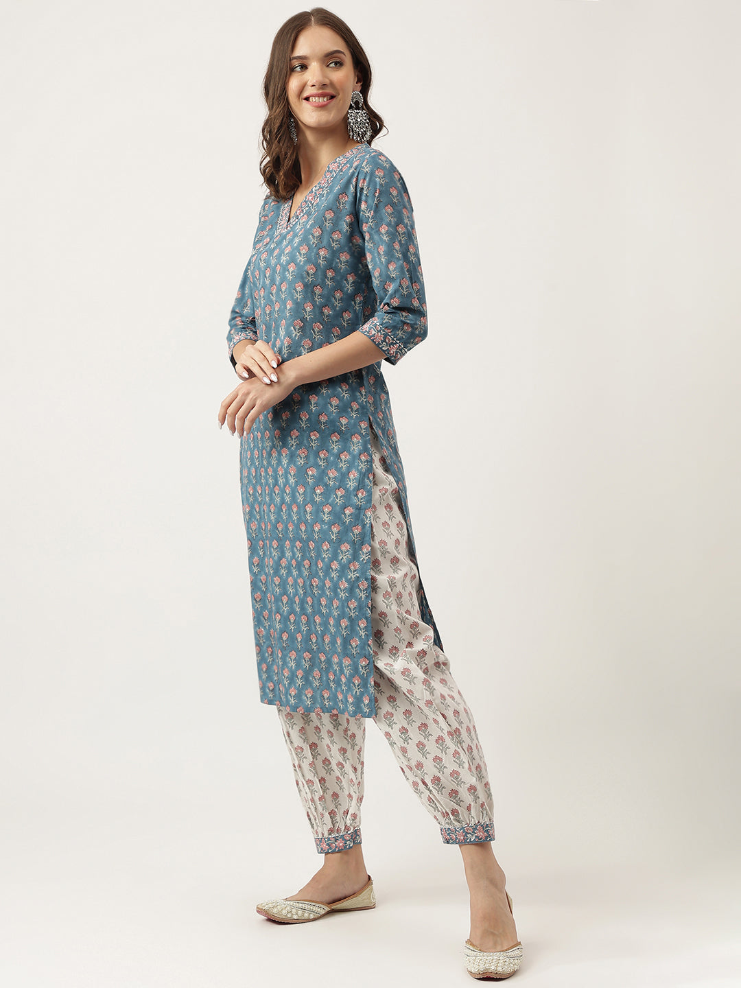 Blue Floral Printed Cotton Embroidered kurta, Trouser with Dupatta