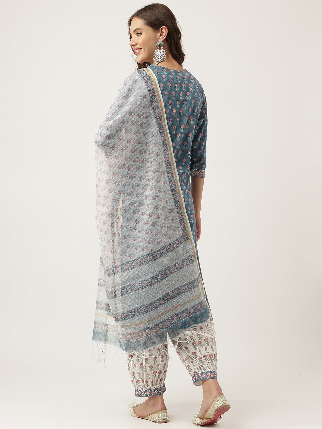 Blue Floral Printed Cotton Embroidered kurta, Trouser with Dupatta