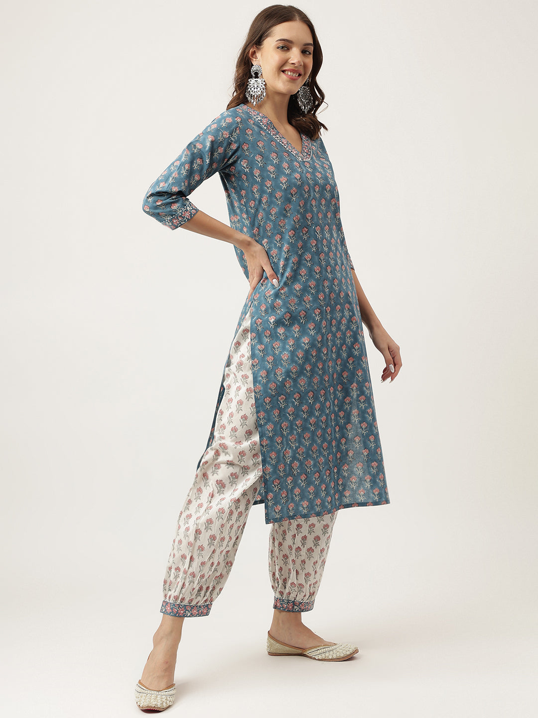 Blue Floral Printed Cotton Embroidered kurta, Trouser with Dupatta