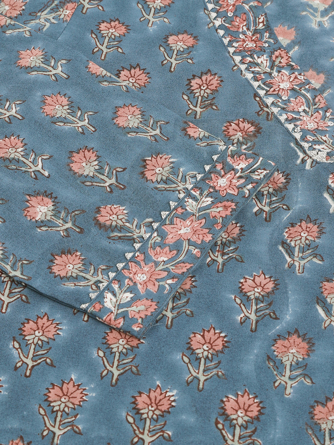 Blue Floral Printed Cotton Embroidered kurta, Trouser with Dupatta