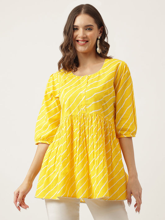 Stripe Printed Yellow Regular Cotton Top