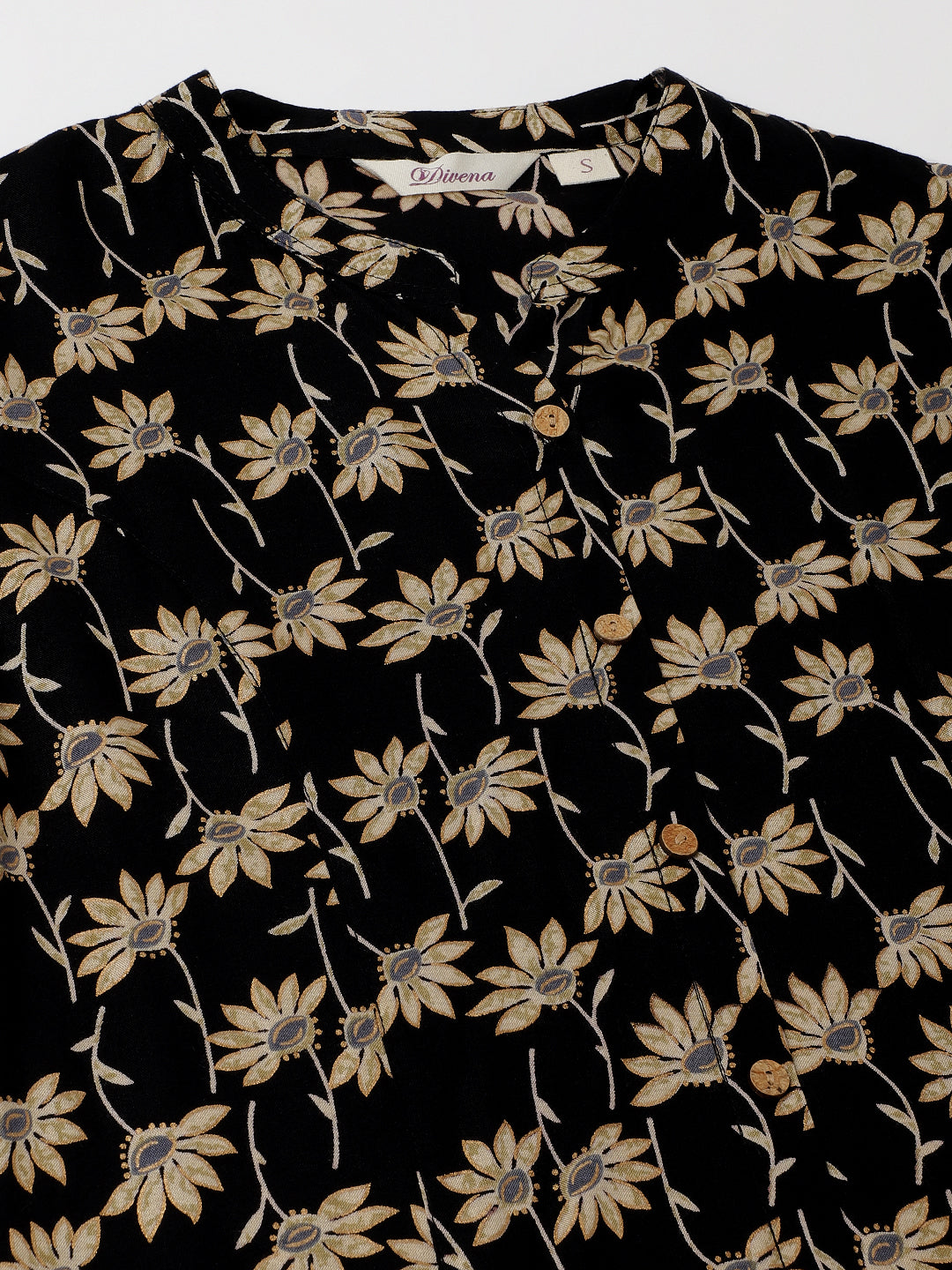 Black Floral Printed Rayon Shirt type Top for Women