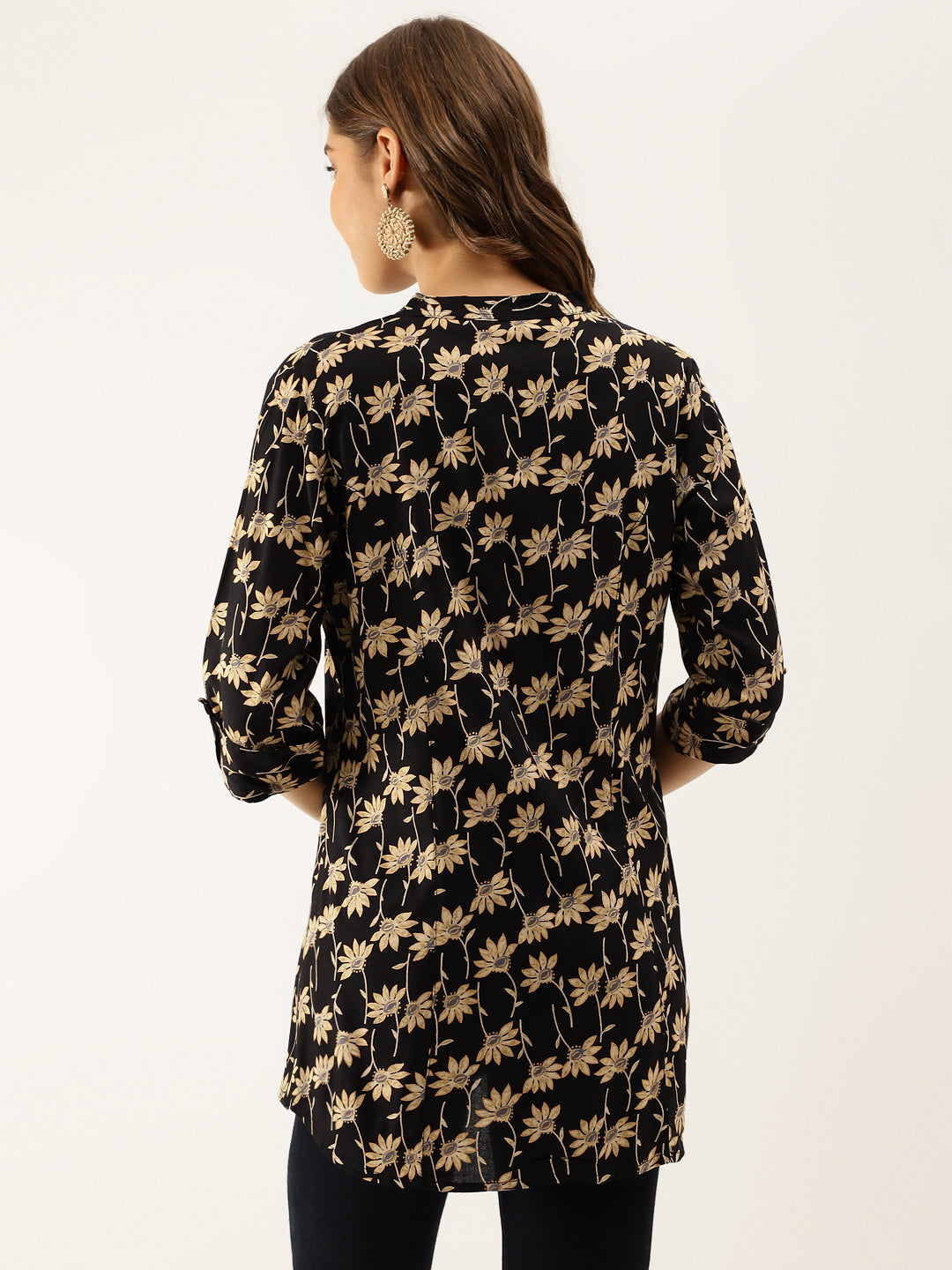 Black Floral Printed Rayon Shirt type Top for Women