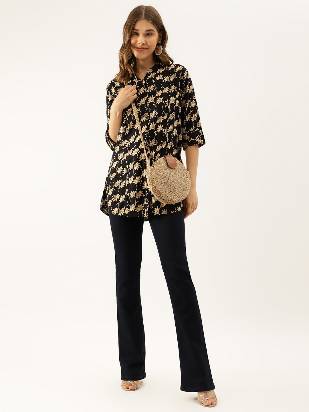 Black Floral Printed Rayon Shirt type Top for Women