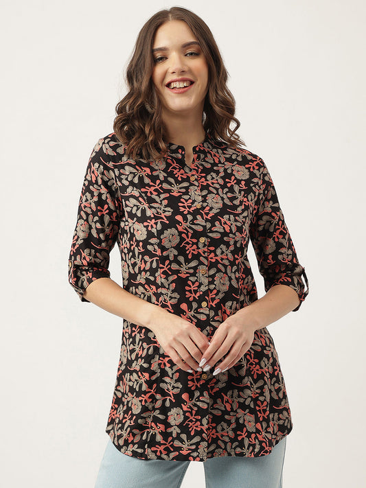 Black Floral Printed Rayon Shirt Style Top