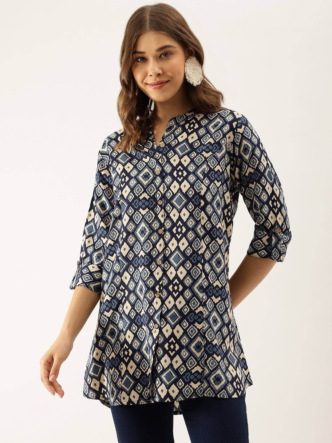 Navy Blue Printed Rayon Regular Fit Top