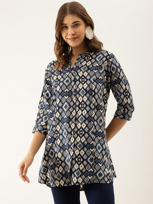 Navy Blue Printed Rayon Regular Fit Top