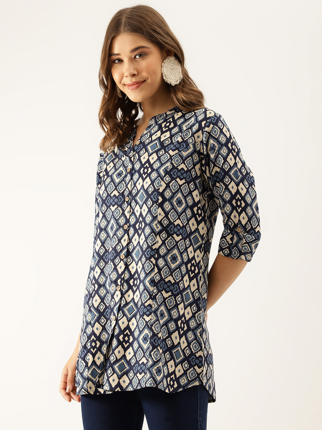 Navy Blue Printed Rayon Regular Fit Top