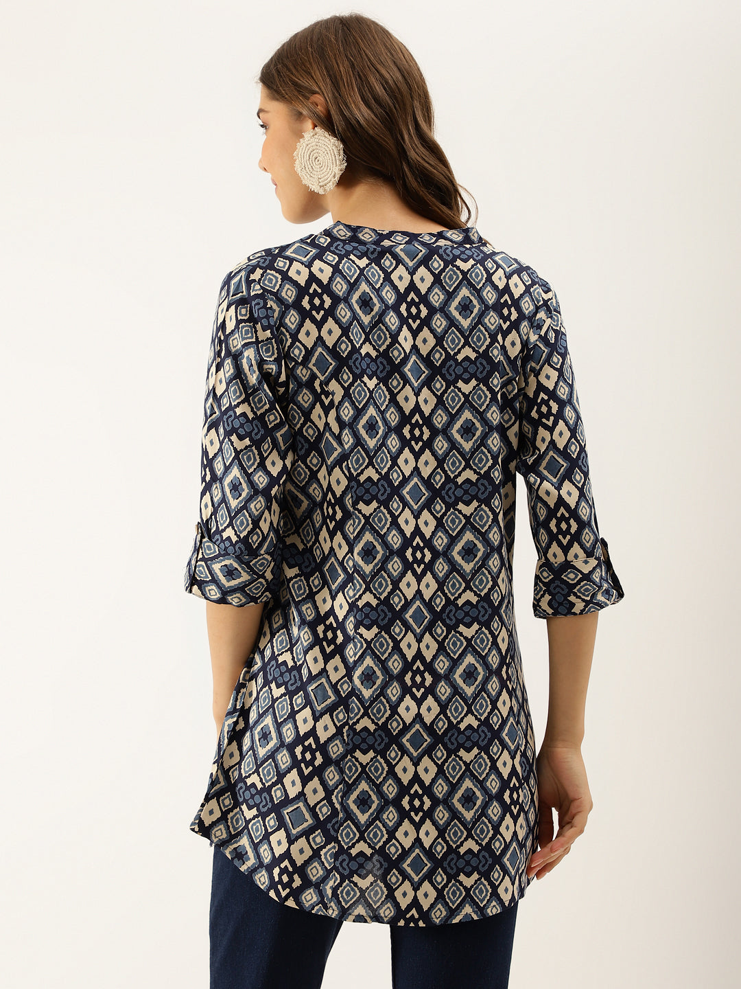 Navy Blue Printed Rayon Regular Fit Top