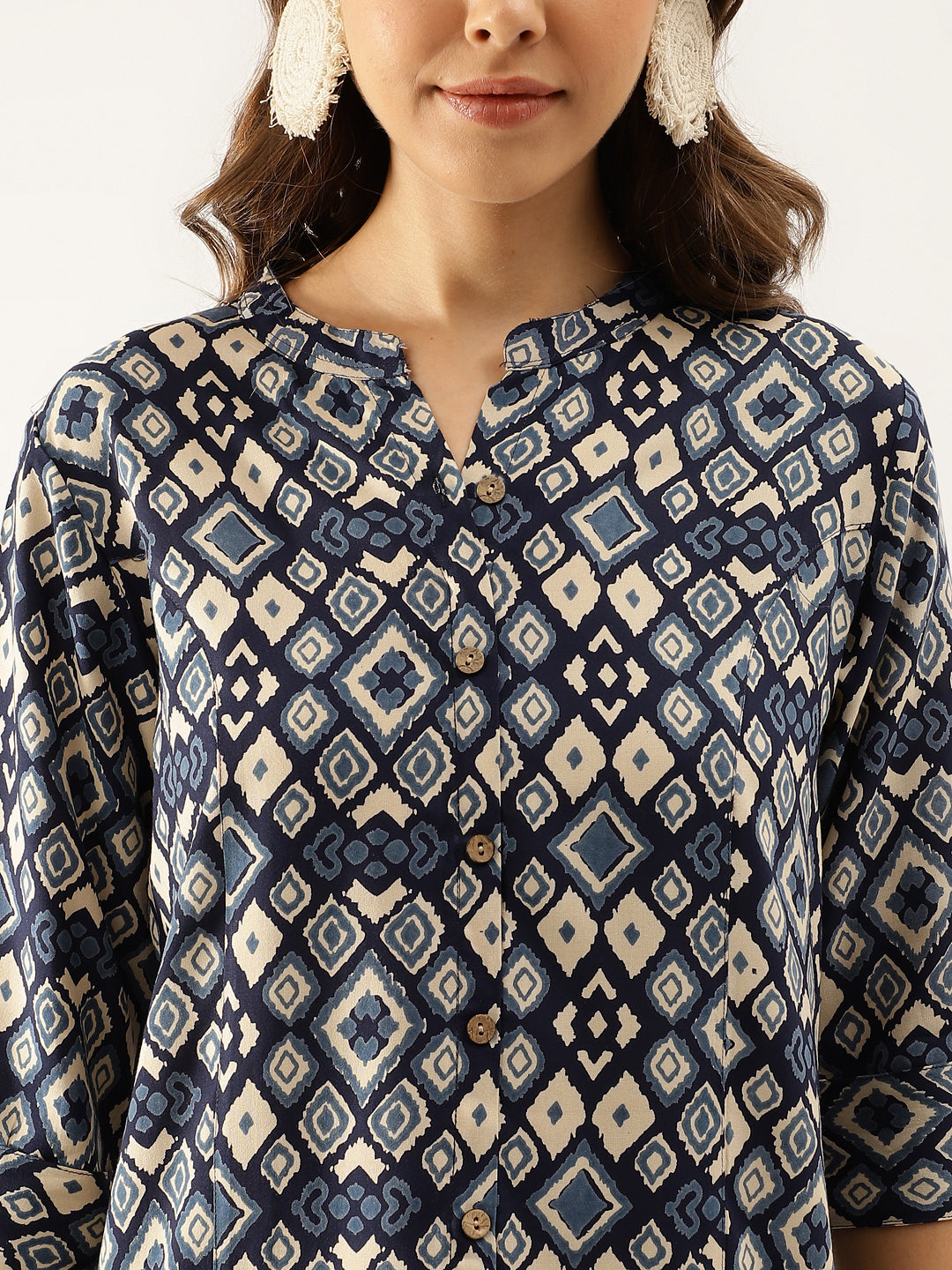 Navy Blue Printed Rayon Regular Fit Top