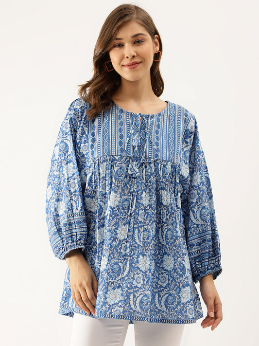 Blue  Printed Cotton Peplum top