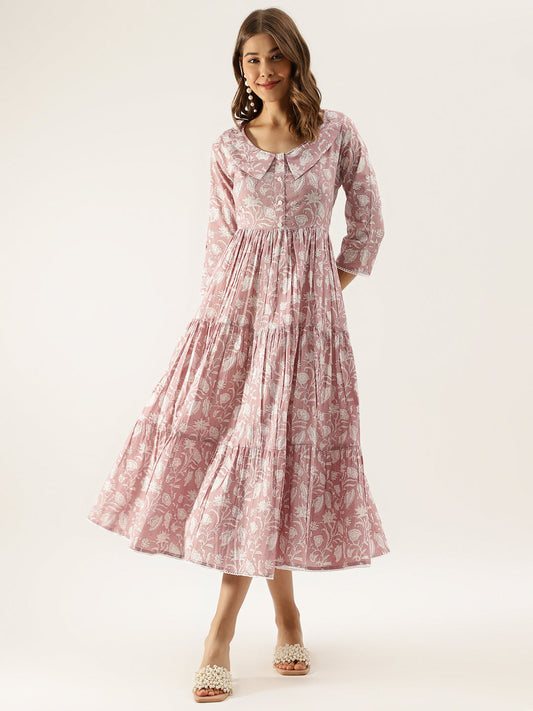Floral Printed Cotton Ethnic Dress for Women