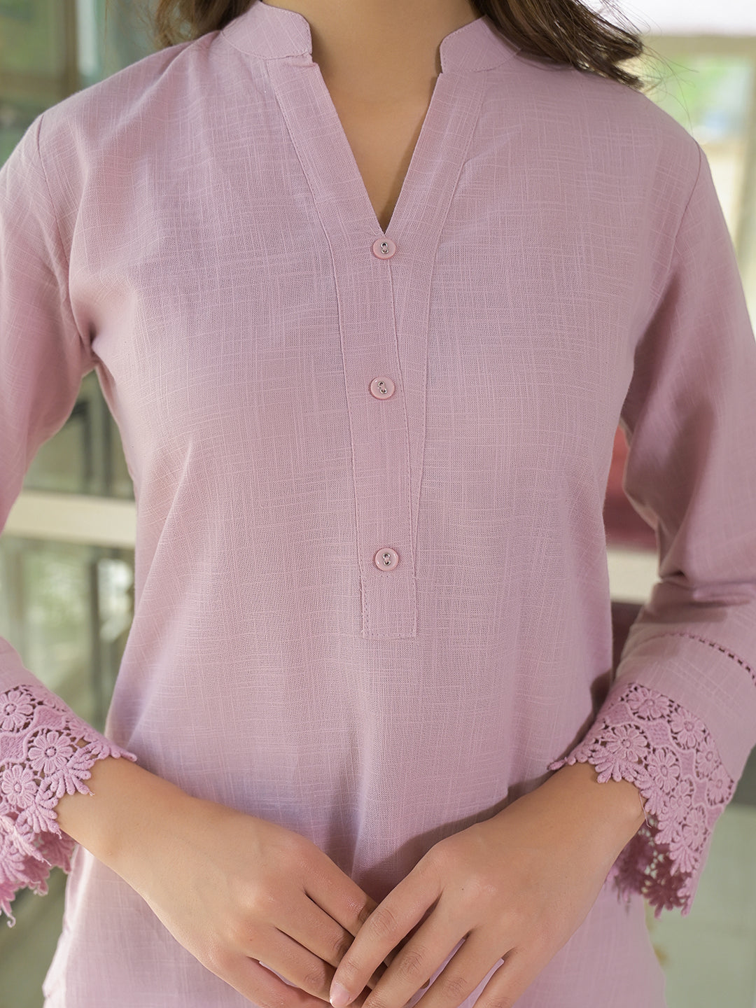 Pink Solid Cotton Straight Fit Lace Border Kurta with Trouser