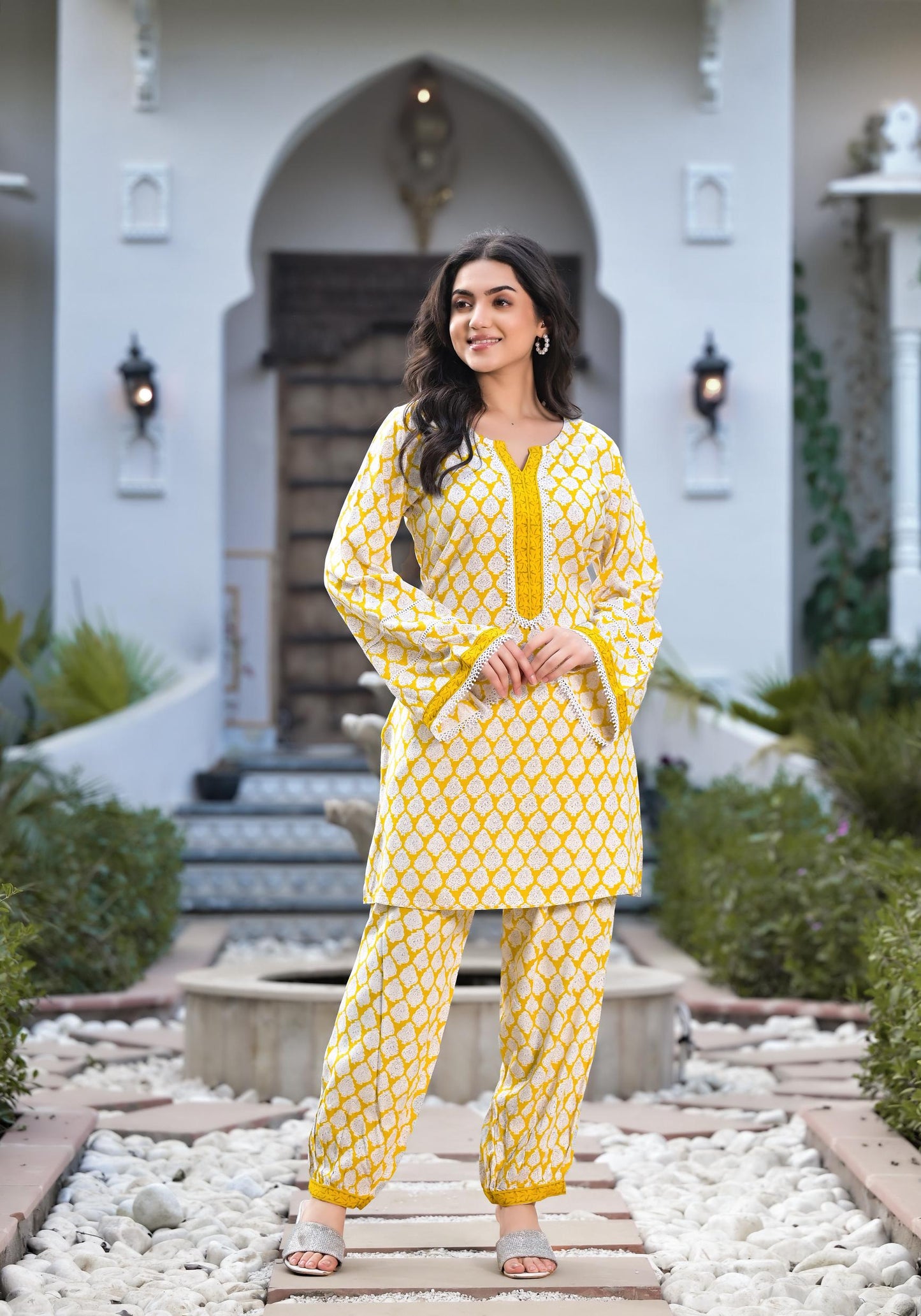 Yellow Floral Print Rayon Kurta set for women