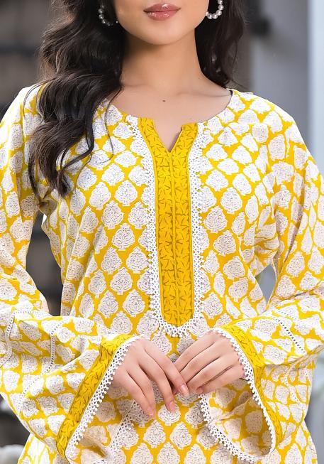 Yellow Floral Print Rayon Kurta set for women