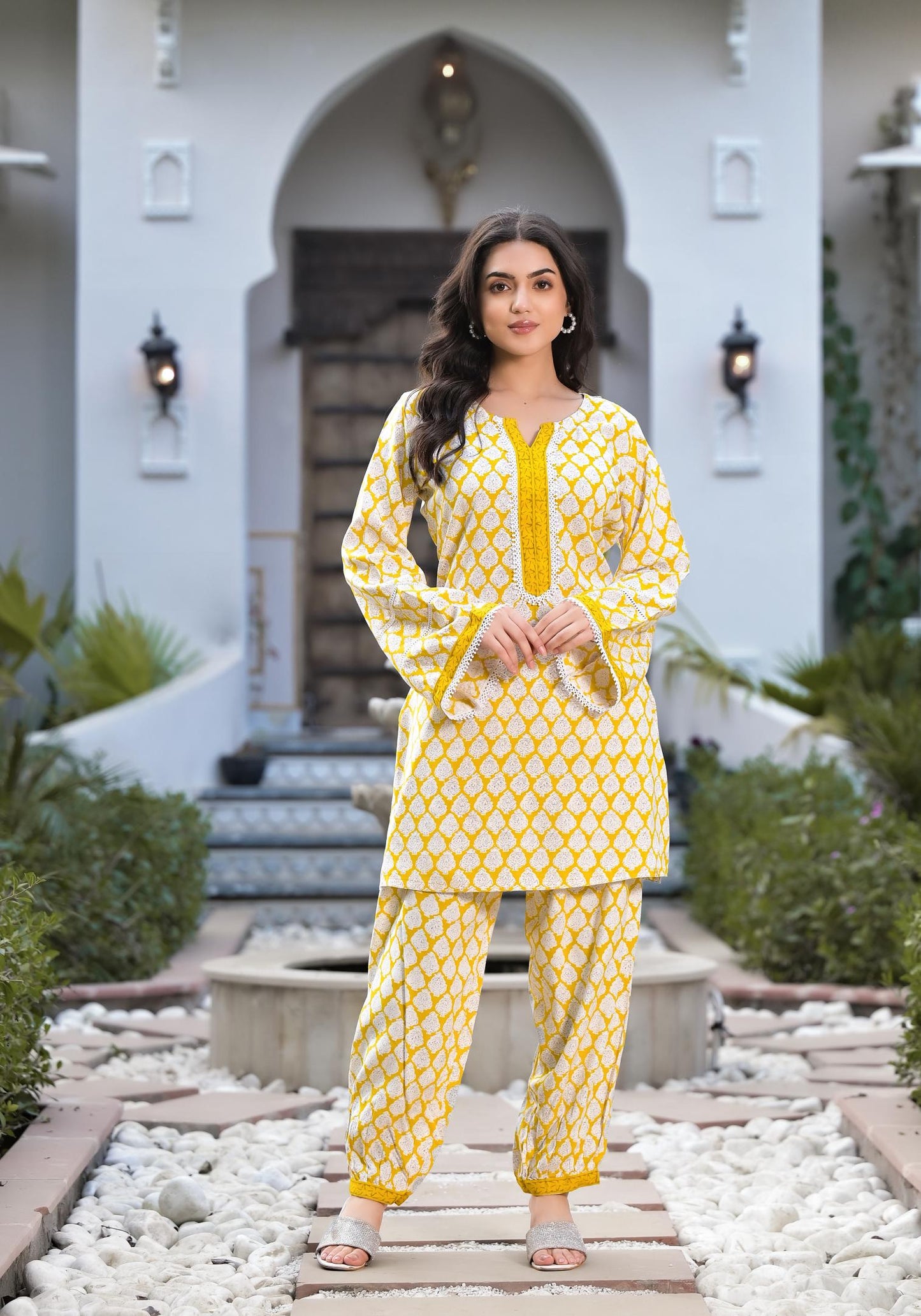 Yellow Floral Print Rayon Kurta set for women