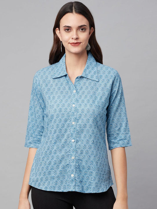 Jamal Jamaloo Sky Blue Block Printed Casual Women Shirts - Jamal Jamaloo