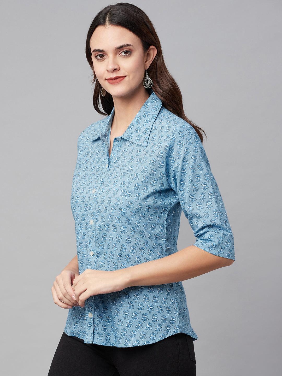 Jamal Jamaloo Sky Blue Block Printed Casual Women Shirts - Jamal Jamaloo