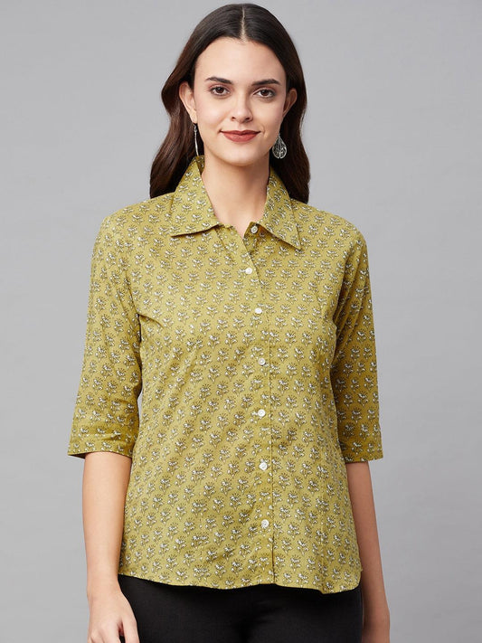 Jamal Jamaloo Mehndi Green Block Printed Casual Women Shirts - Jamal Jamaloo