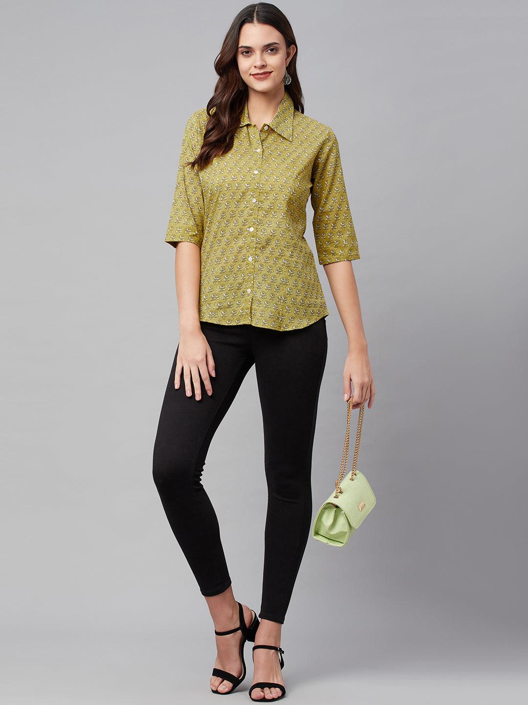 Jamal Jamaloo Mehndi Green Block Printed Casual Women Shirts - Jamal Jamaloo