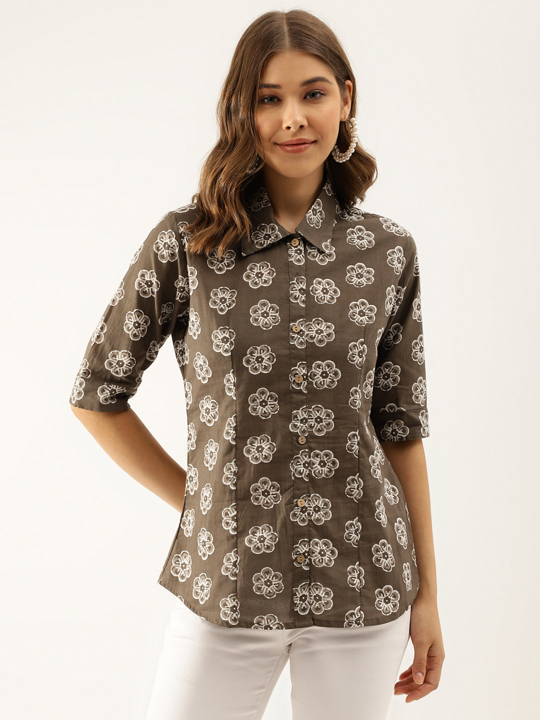 Brown Block Printed Casual Women Shirts