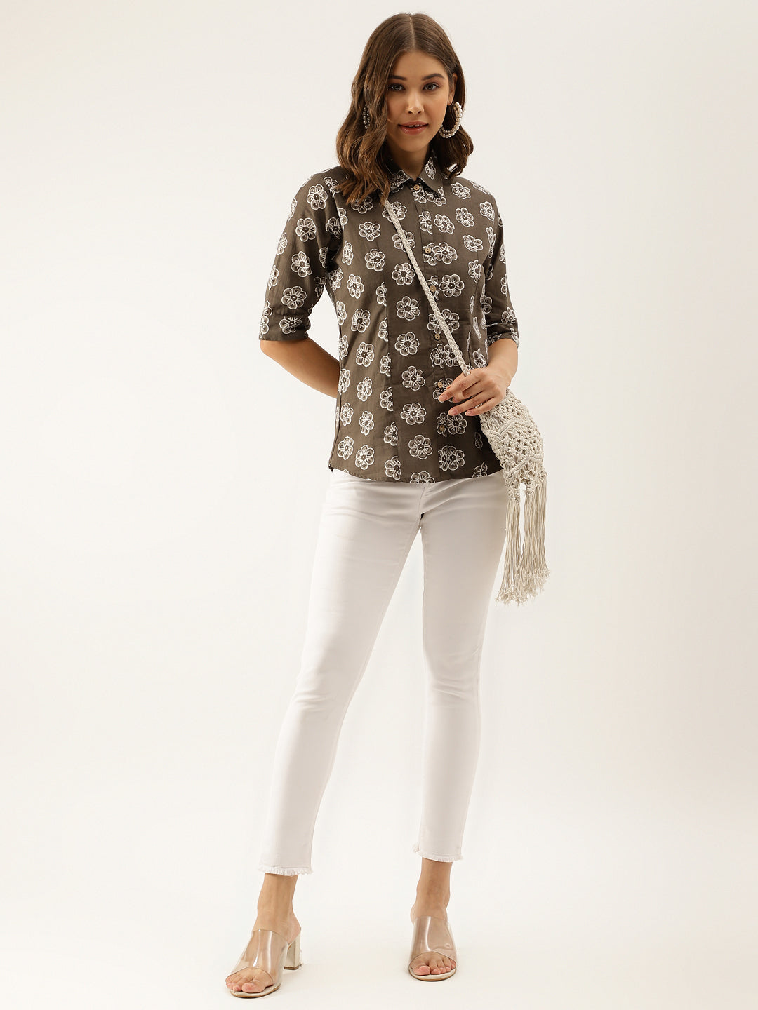 Brown Block Printed Casual Women Shirts
