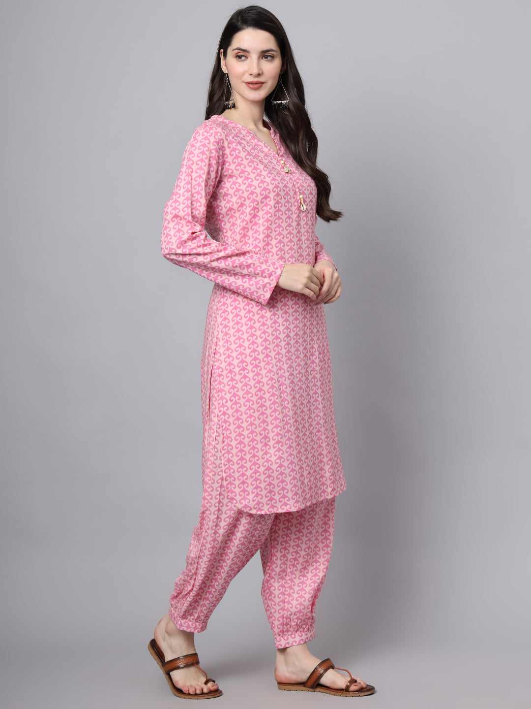 Pink Floral Print Rayon Fabric Staright Co-ord set