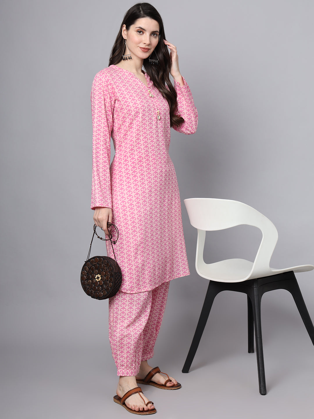 Pink Floral Print Rayon Fabric Staright Co-ord set