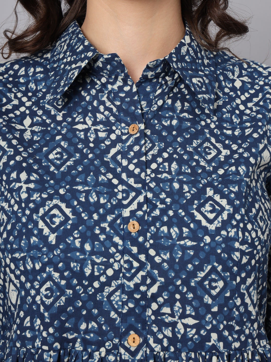 Blue Floral Print Cotton Midi Dress