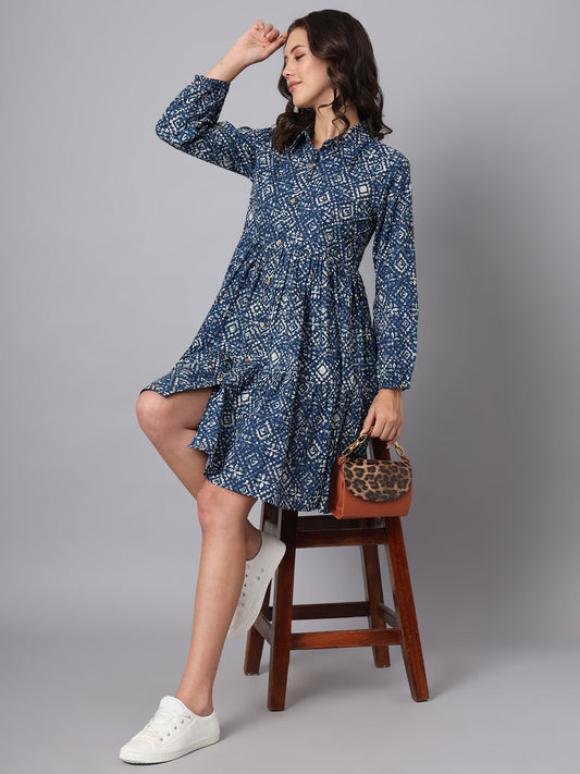 Blue Floral Print Cotton Midi Dress