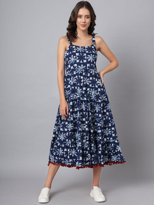 Blue Printed Cotton Fabric Fit & Flare Dress
