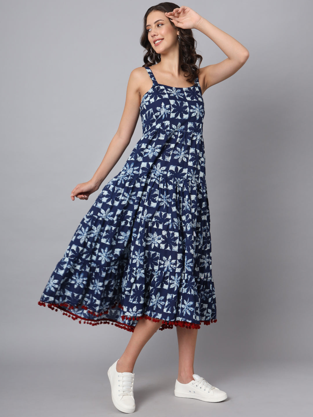 Blue Printed Cotton Fabric Fit & Flare Dress