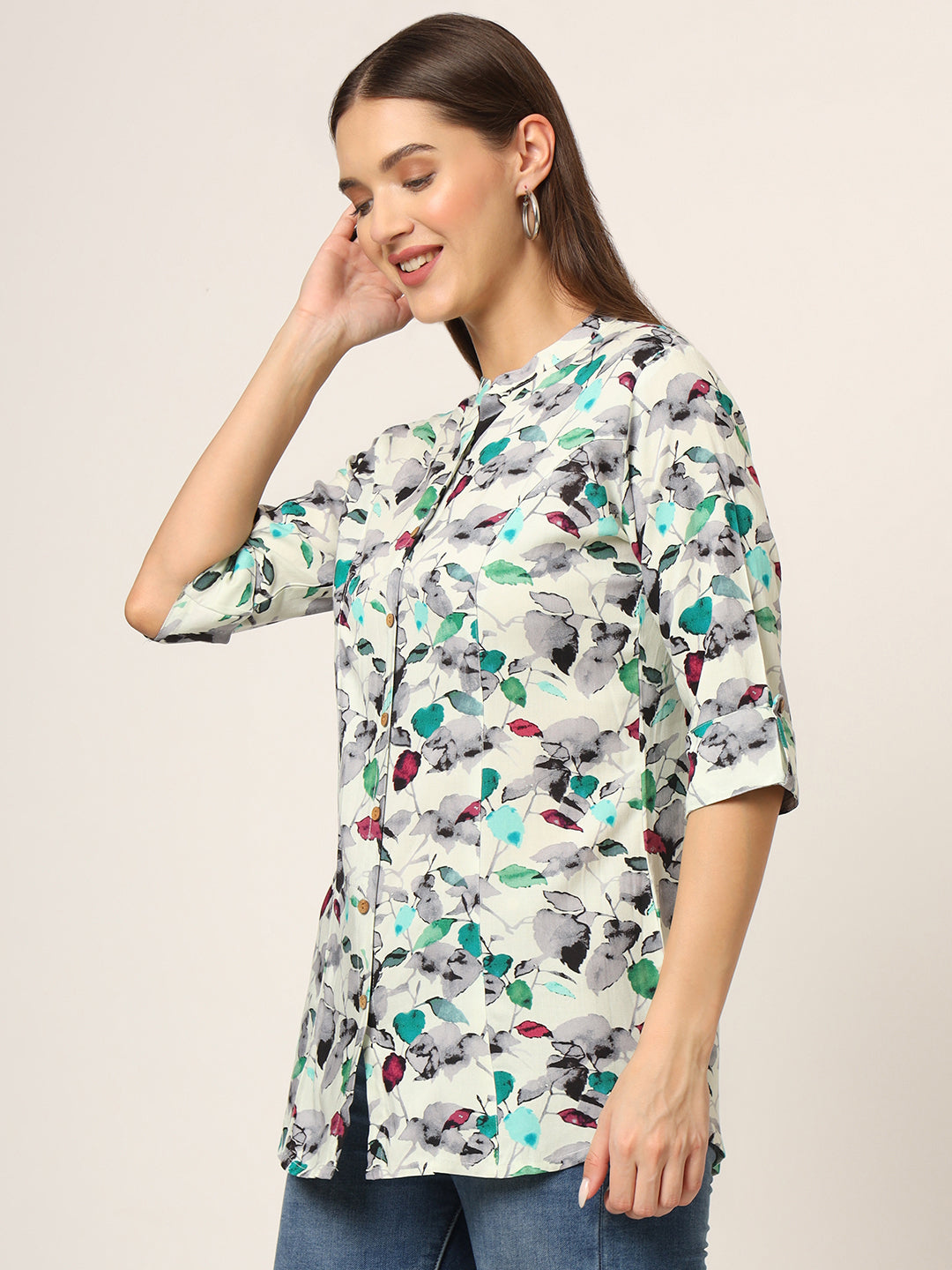 Multicolor Printed Rayon Fabric Shirt Style Top