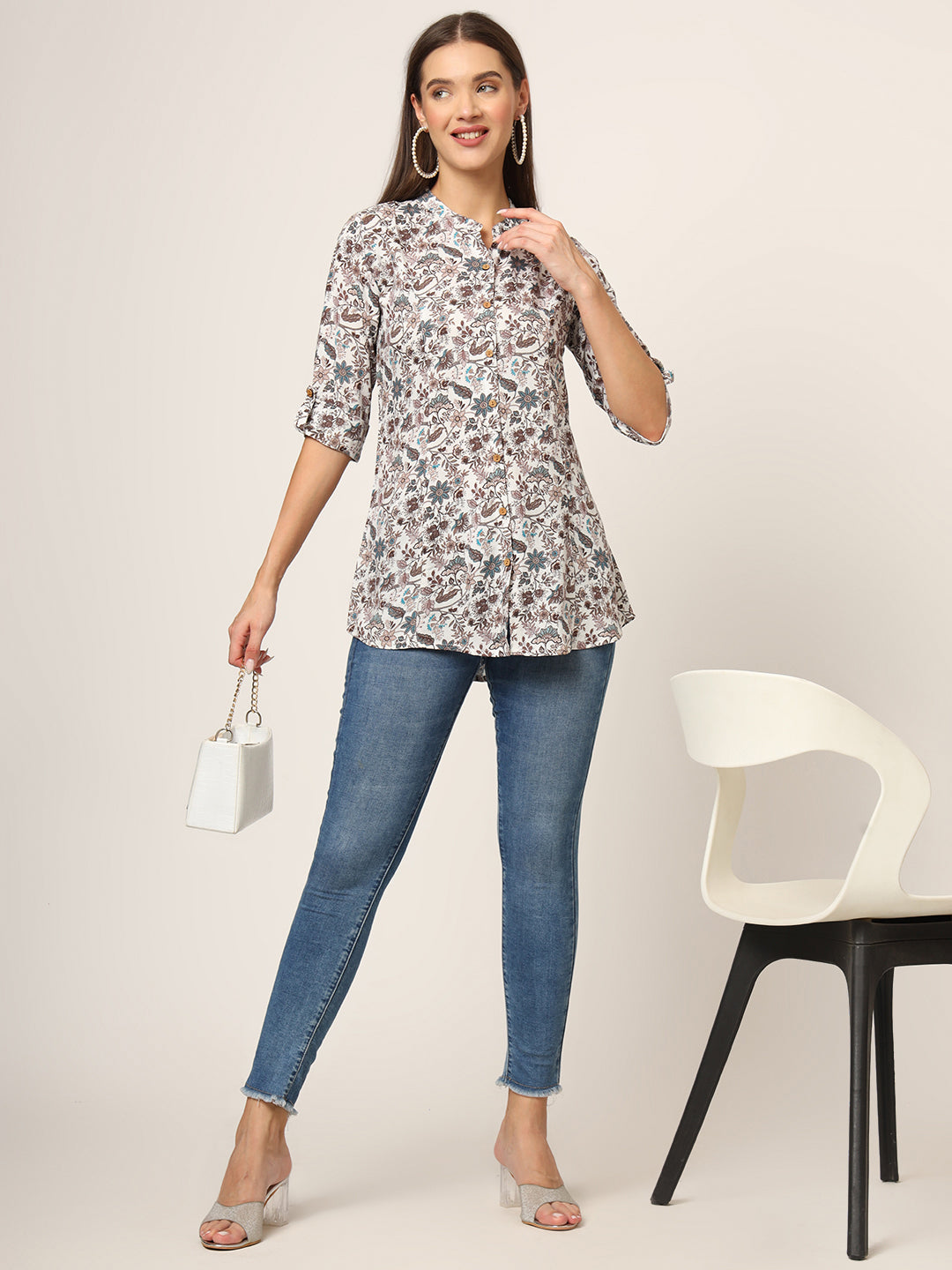 White & Brown Printed Rayon Fabric Shirt Style Top