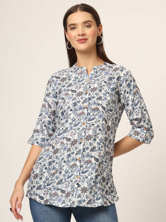 Blue Printed Rayon Fabric Shirt Style Top