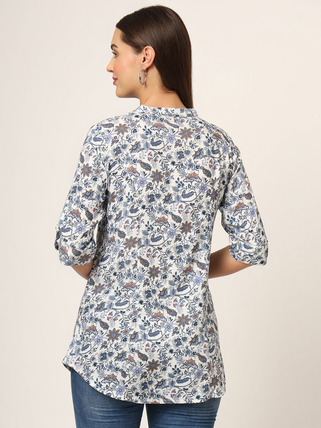 Blue Printed Rayon Fabric Shirt Style Top