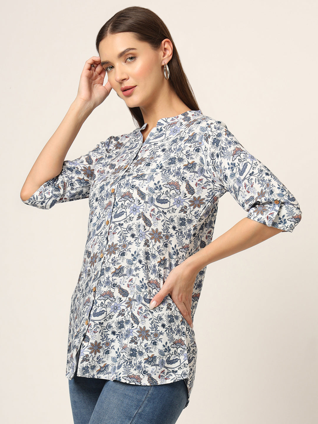 Blue Printed Rayon Fabric Shirt Style Top