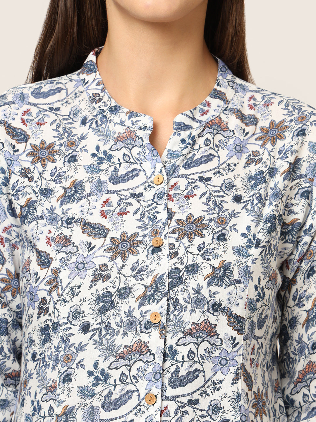 Blue Printed Rayon Fabric Shirt Style Top