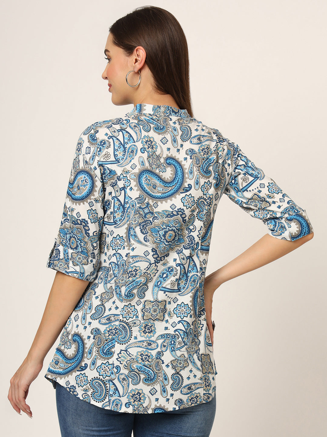 White & Blue Printed Rayon Fabric Shirt Style Top